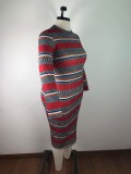 Plus Size Women's Ribbed Striped Print Long Sleeve Dress