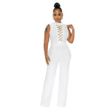 Women's Sexy Solid Color Sleeveless Round Neck Wide-Leg Jumpsuit