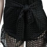 Fashion Women's Solid Color Lace Slash Shoulder Long Sleeve Shorts Jumpsuit