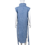 Sexy sleeveless hollow slit high collar denim dress