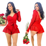 Fashion Women's Solid Color Lace Slash Shoulder Long Sleeve Shorts Jumpsuit