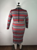 Plus Size Women's Ribbed Striped Print Long Sleeve Dress