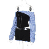 Women's Off Shoulder Striped Shirt Style Irregular Patchwork Lace-Up Top Shorts Two-Piece Set