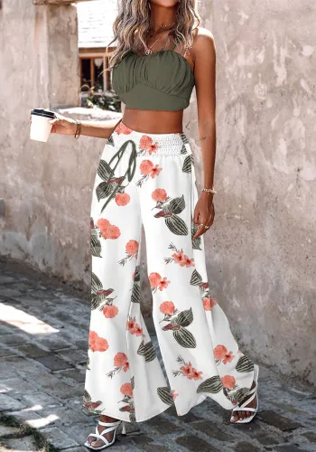 Women's Summer Solid Color Vest Printed Wide Leg Pants Two-Piece Set