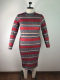 Plus Size Women's Ribbed Striped Print Long Sleeve Dress