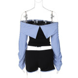 Women's Off Shoulder Striped Shirt Style Irregular Patchwork Lace-Up Top Shorts Two-Piece Set