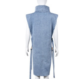 Sexy sleeveless hollow slit high collar denim dress