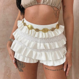 Women Summer Sexy Solid Multi-layered Ruffle Lace Shorts