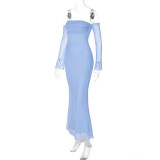 Women Summer Strapless Off Shoulder Patchwork Long Sleeve Sexy Mesh Dress
