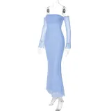 Women Summer Strapless Off Shoulder Patchwork Long Sleeve Sexy Mesh Dress