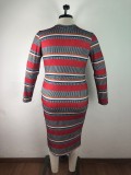 Plus Size Women's Ribbed Striped Print Long Sleeve Dress