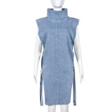 Sexy sleeveless hollow slit high collar denim dress