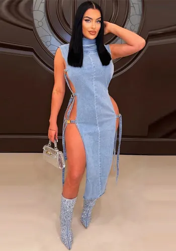Sexy sleeveless hollow slit high collar denim dress