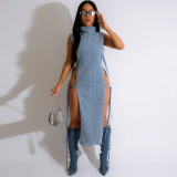 Sexy sleeveless hollow slit high collar denim dress