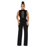 Women's Sexy Solid Color Sleeveless Round Neck Wide-Leg Jumpsuit