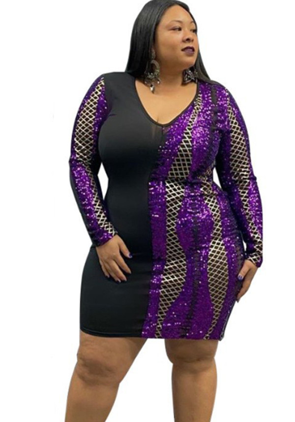 Women's V-Neck Sequin Patchwork Plus Size Dress