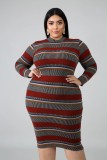 Plus Size Women's Ribbed Striped Print Long Sleeve Dress