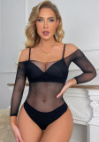 Sexy Lingerie Off Shoulder Solid Color Long Sleeve Bodysuit