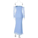 Women Summer Strapless Off Shoulder Patchwork Long Sleeve Sexy Mesh Dress