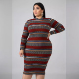 Plus Size Women's Ribbed Striped Print Long Sleeve Dress