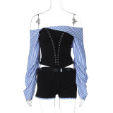 Women's Off Shoulder Striped Shirt Style Irregular Patchwork Lace-Up Top Shorts Two-Piece Set