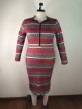 Plus Size Women's Ribbed Striped Print Long Sleeve Dress