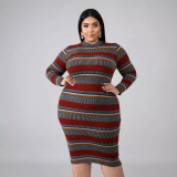 Plus Size Women's Ribbed Striped Print Long Sleeve Dress