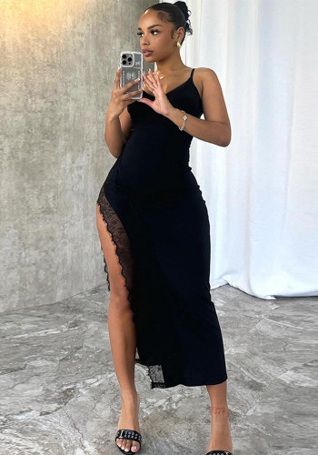 Women's Sexy Slim Strap Lace Edge Long Dress
