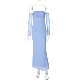 Women Summer Strapless Off Shoulder Patchwork Long Sleeve Sexy Mesh Dress