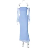 Women Summer Strapless Off Shoulder Patchwork Long Sleeve Sexy Mesh Dress