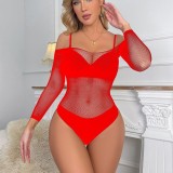 Sexy Lingerie Off Shoulder Solid Color Long Sleeve Bodysuit