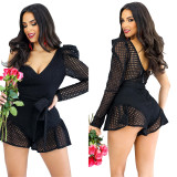 Fashion Women's Solid Color Lace Slash Shoulder Long Sleeve Shorts Jumpsuit