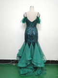 Women ostrich feather flower sequins patchwork mesh evening dress