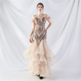 Women ostrich feather flower sequins patchwork mesh evening dress