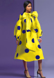 Women tie bow collar polka dot lantern sleeve with belt Dress