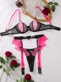 Summer Fashion Contrast Lace Splicing Mesh Sexy Garter Three-Piece Bikini Lingerie Set