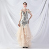 Women ostrich feather flower sequins patchwork mesh evening dress