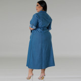 Plus Size Women Denim Turndown Collar Long Sleeve Lace-Up Maxi Dress