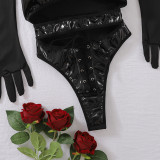 Sexy Patent Leather Sleeveless Hollow Lace-Up Bodysuit Gloves Two-Piece Set