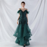 Women ostrich feather flower sequins patchwork mesh evening dress