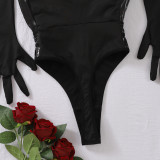 Sexy Patent Leather Sleeveless Hollow Lace-Up Bodysuit Gloves Two-Piece Set