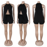 Women sexy solid slit halter neck lace-up sleeveless top and shorts two-piece set