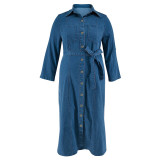 Plus Size Women Denim Turndown Collar Long Sleeve Lace-Up Maxi Dress