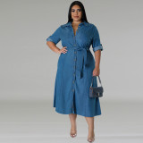 Plus Size Women Denim Turndown Collar Long Sleeve Lace-Up Maxi Dress