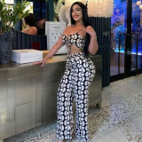 Women print lace-up hollow sling top and wide-leg pants two-piece set