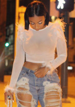 Women solid feather patchwork long-sleeved t-shirt