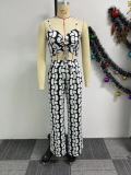 Women print lace-up hollow sling top and wide-leg pants two-piece set