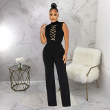 Women's Sexy Solid Color Sleeveless Round Neck Wide-Leg Jumpsuit