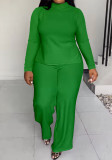 Plus Size Women Solid Casual Slit Long Sleeve Top and Pants Two-piece Set