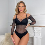 Sexy Lingerie Off Shoulder Solid Color Long Sleeve Bodysuit